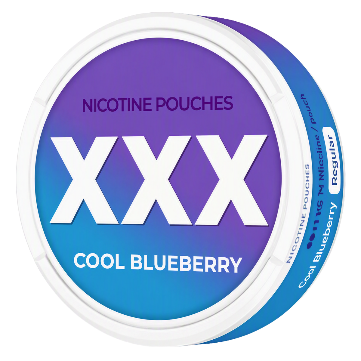 XXX Cool Blueberry 11mg slim nicotine pouches with blue packaging, featuring sweet blueberry flavor and cooling mint accents.
