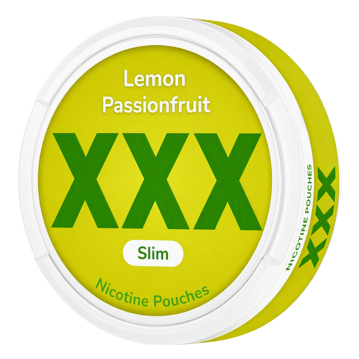 XXX Lemon Passionfruit 11mg nicotine pouches in a sleek package, featuring tangy lemon and tropical passionfruit flavor.