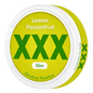 XXX Lemon Passionfruit 11mg nicotine pouches in a sleek package, featuring tangy lemon and tropical passionfruit flavor.