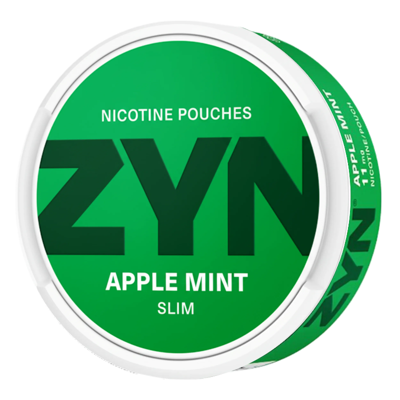 ZYN Apple Mint 11mg slim nicotine pouches with crisp apple and refreshing mint flavor, shown in a sleek pouch.