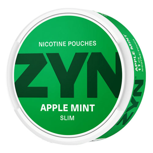 ZYN Apple Mint 11mg slim nicotine pouches with crisp apple and refreshing mint flavor, shown in a sleek pouch.