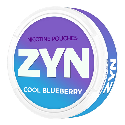 ZYN Cool Blueberry 11mg slim nicotine pouches with blue packaging, featuring sweet blueberry flavor and cooling mint accents.