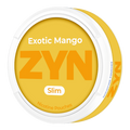 ZYN Exotic Mango slim nicotine pouches in tropical mango flavor, featuring vibrant packaging and pouch details.