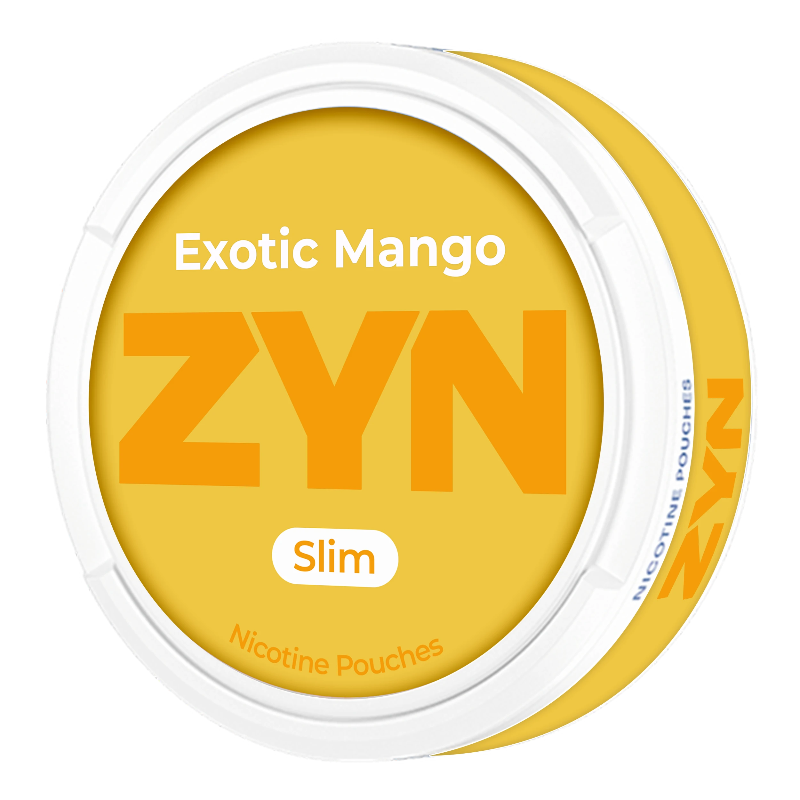 ZYN Exotic Mango slim nicotine pouches in tropical mango flavor, featuring vibrant packaging and pouch details.