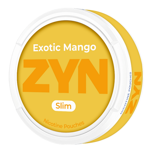 ZYN Exotic Mango slim nicotine pouches in tropical mango flavor, featuring vibrant packaging and pouch details.