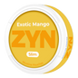ZYN Exotic Mango slim nicotine pouches in tropical mango flavor, featuring vibrant packaging and pouch details.