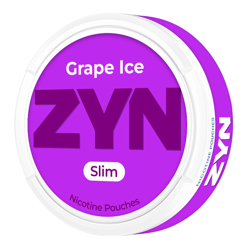 ZYN Grape Ice slim nicotine pouches with crisp grape flavor and icy menthol taste, shown in a sleek pouch on a white background.