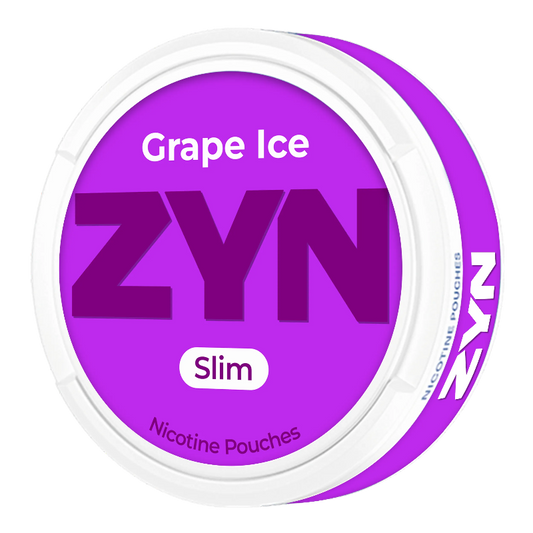 ZYN Grape Ice slim nicotine pouches with crisp grape flavor and icy menthol taste, shown in a sleek pouch on a white background.