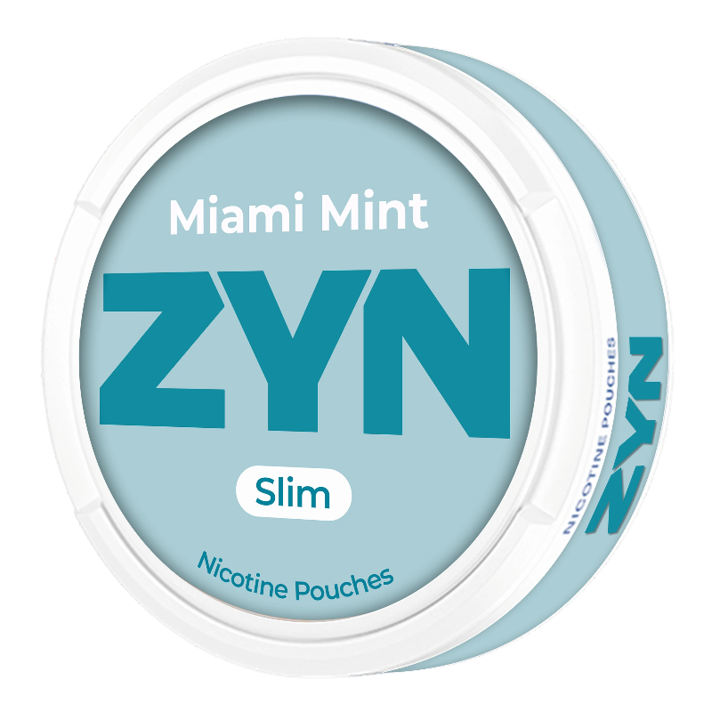ZYN Miami Mint slim nicotine pouches in packaging, featuring cool mint flavor and sleek design for discreet use